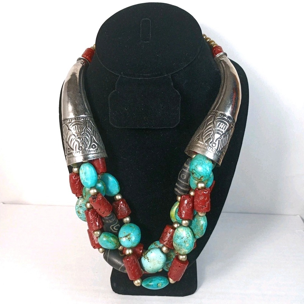 Vintage Tibetan Necklace With Metal Horns Natural Turquoise Coral And Dzi Stones